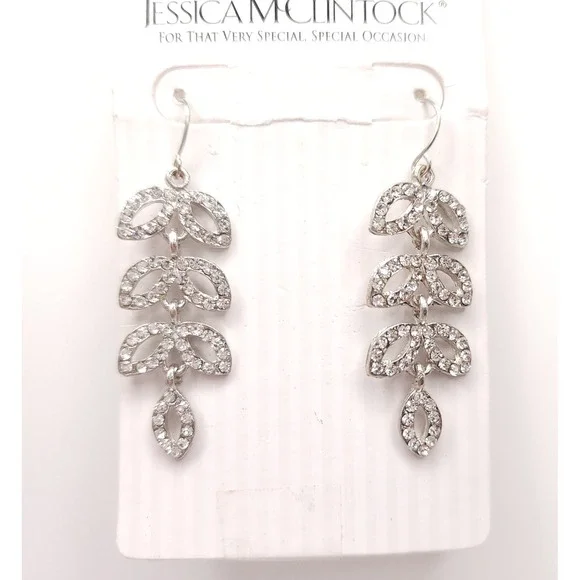 Jessica McClintock Laurel Leaf Earrings Silver Rhinestone Drop - Picture 5 of 6